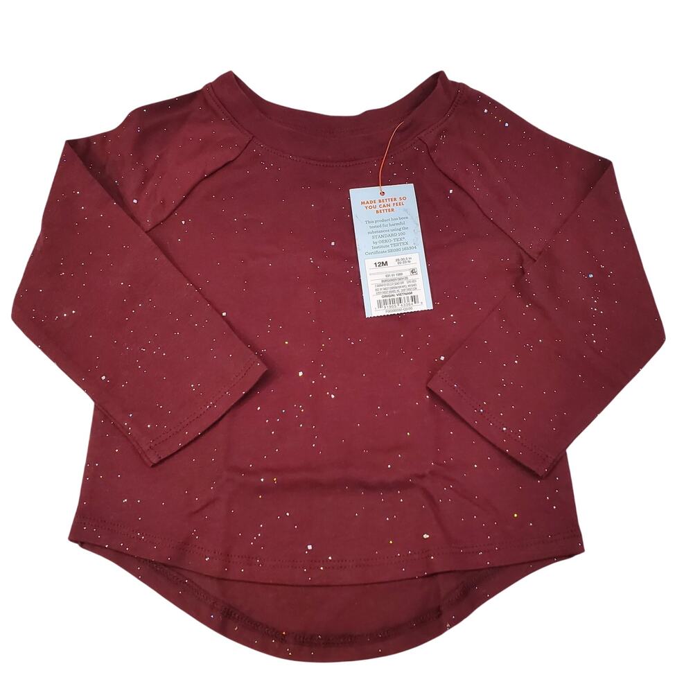Cat & Jack Baby Girls Red Glitter Long Sleeve Shirt Size 12 Months